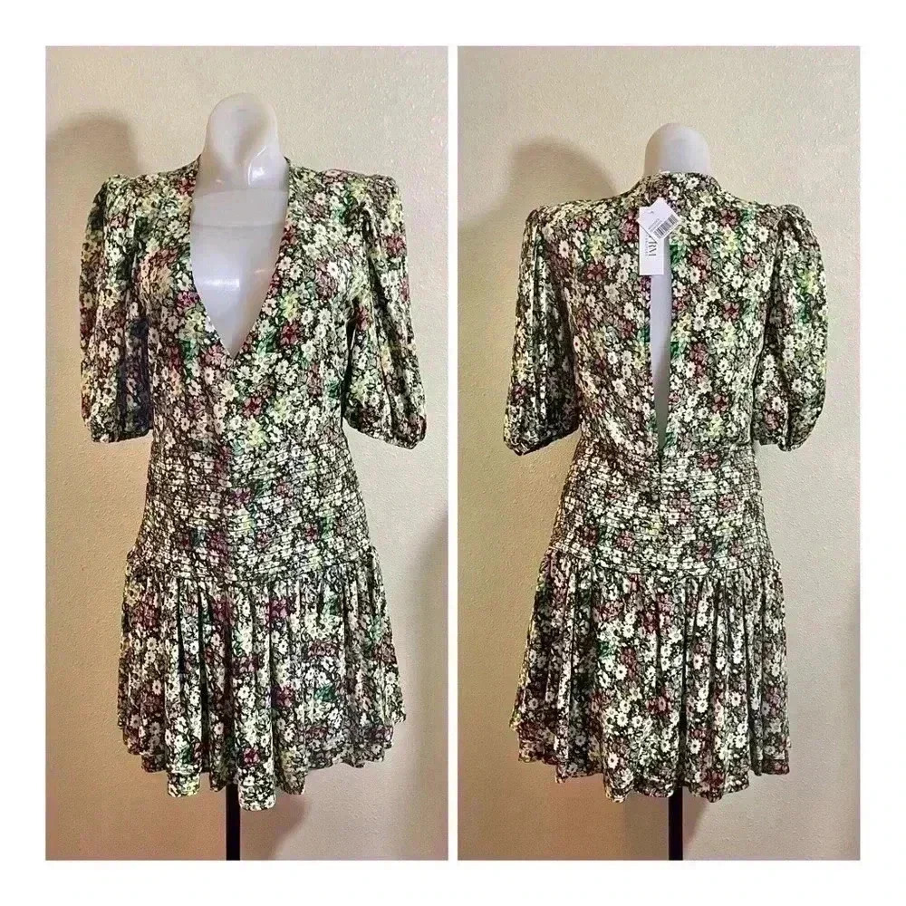 AFRM Dress Women Size S Floral Green Garden Mini Tiered Back Slit Zip Smock NEW